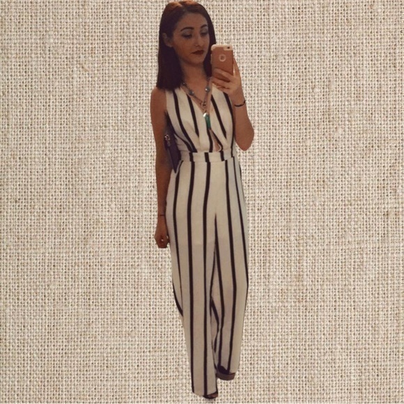 Astr Pants - Black and white, striped low, cut jumpsuit